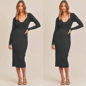 NWT Mable Black Knit Sweater Midi Dress with Inner Bra Set, Large